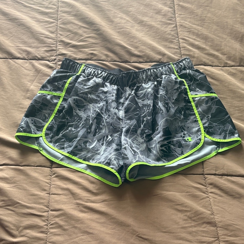 Champion Women's Gray Marble Athletic Shorts with Neon Green Trim